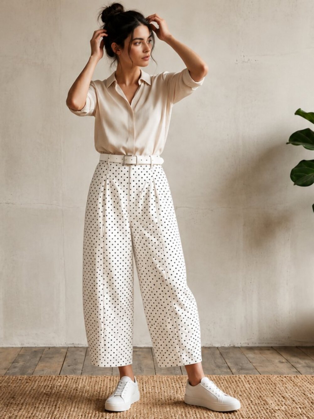 White Dottie Wide-Leg Polka-Dot Statement Trousers